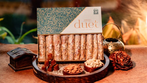 Luxury sweet box by Sweet Duet featuring a love message and premium sweets Atreyapuram Dry Fruit Putharekulu