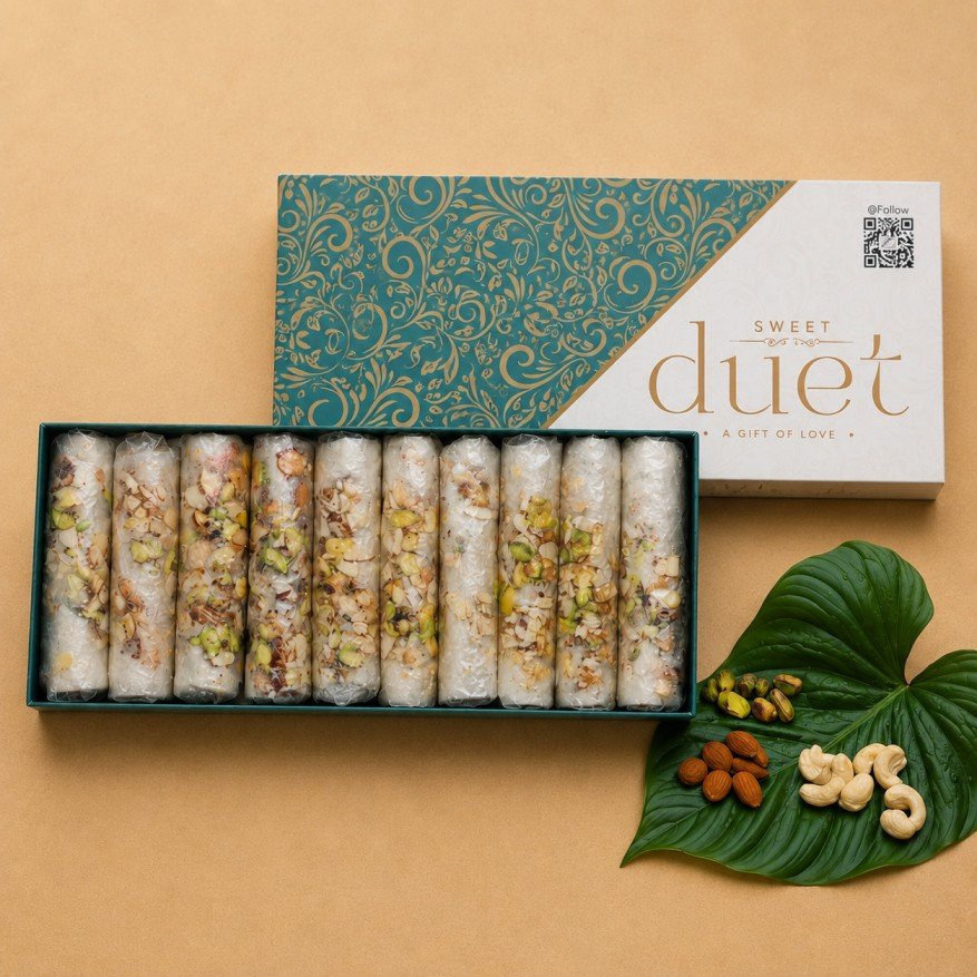 Sweet Duet Assorted Sugar Putharekulu 10 Piece GI Tagged Atreyapuram Gift Box — Sugar Kaju Kaju Badam Kaju Badam Pista Pootharekulu