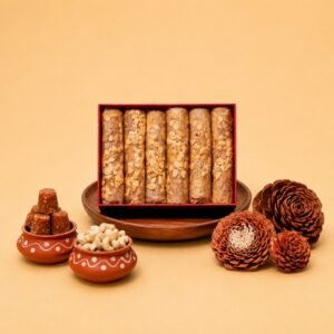 treyapuram Kaju Putharekulu naturally sweetened with organic jaggery and layered with rich premium cashews for a luxurious traditional sweet experience crafted for gifting and celebrations.