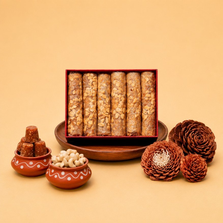 treyapuram Kaju Putharekulu naturally sweetened with organic jaggery and layered with rich premium cashews for a luxurious traditional sweet experience crafted for gifting and celebrations.