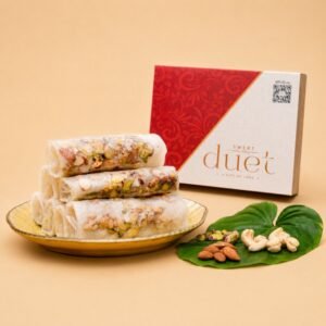 Experience Premium Sugar Dry Fruit Putharekulu crafted with cashews, almonds, pistachios, pure ghee, and delicate rice starch sheets for rich festive indulgence and premium gifting.